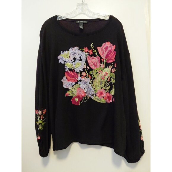 I.N.C Womens Floral  Embroidered Knit Sweater Black 1X NWT - Picture 2 of 8